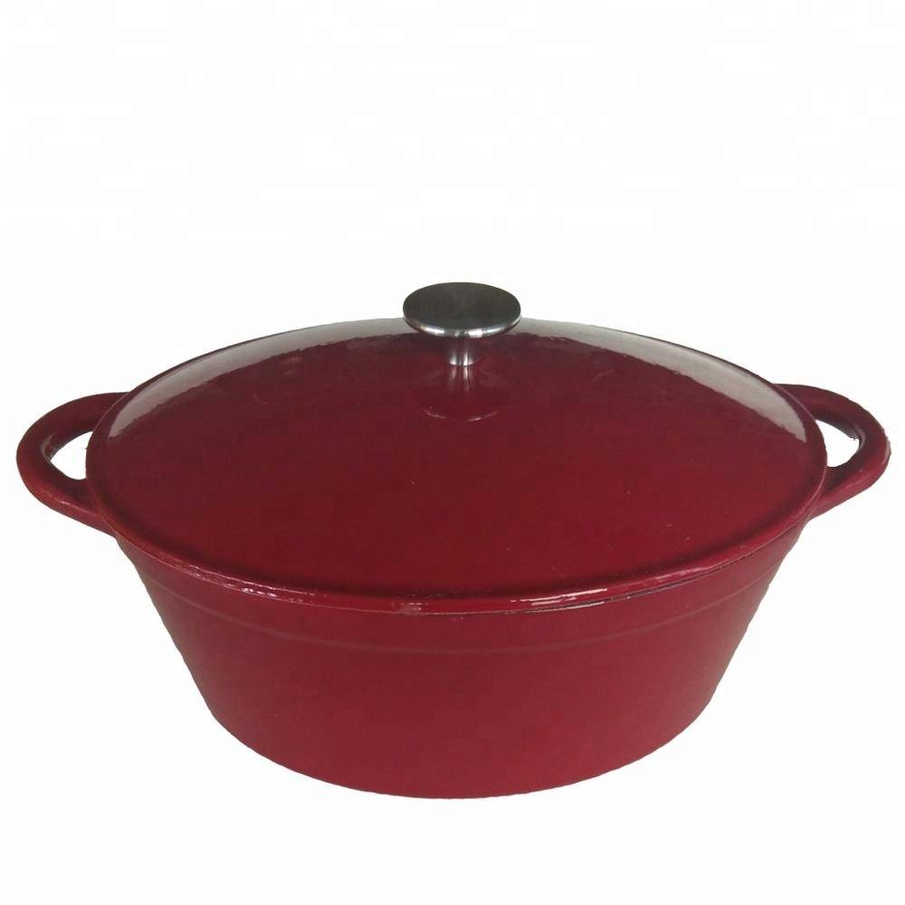 oval cast iron casserole with red enamel casserole