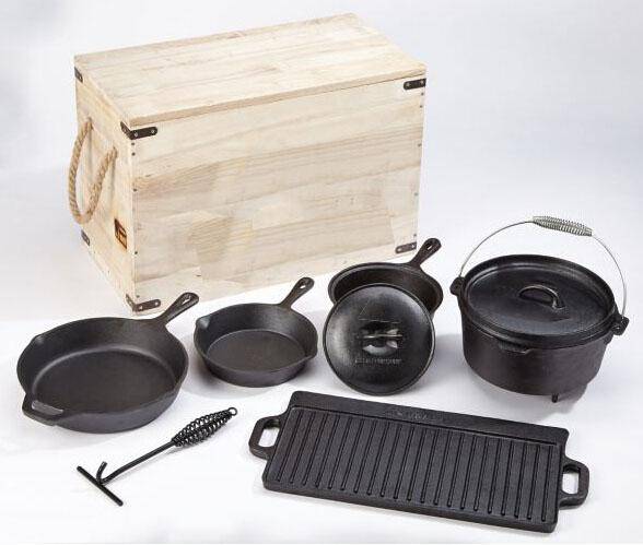 Wholesale Cast iron camping cookware set with wooden box factory