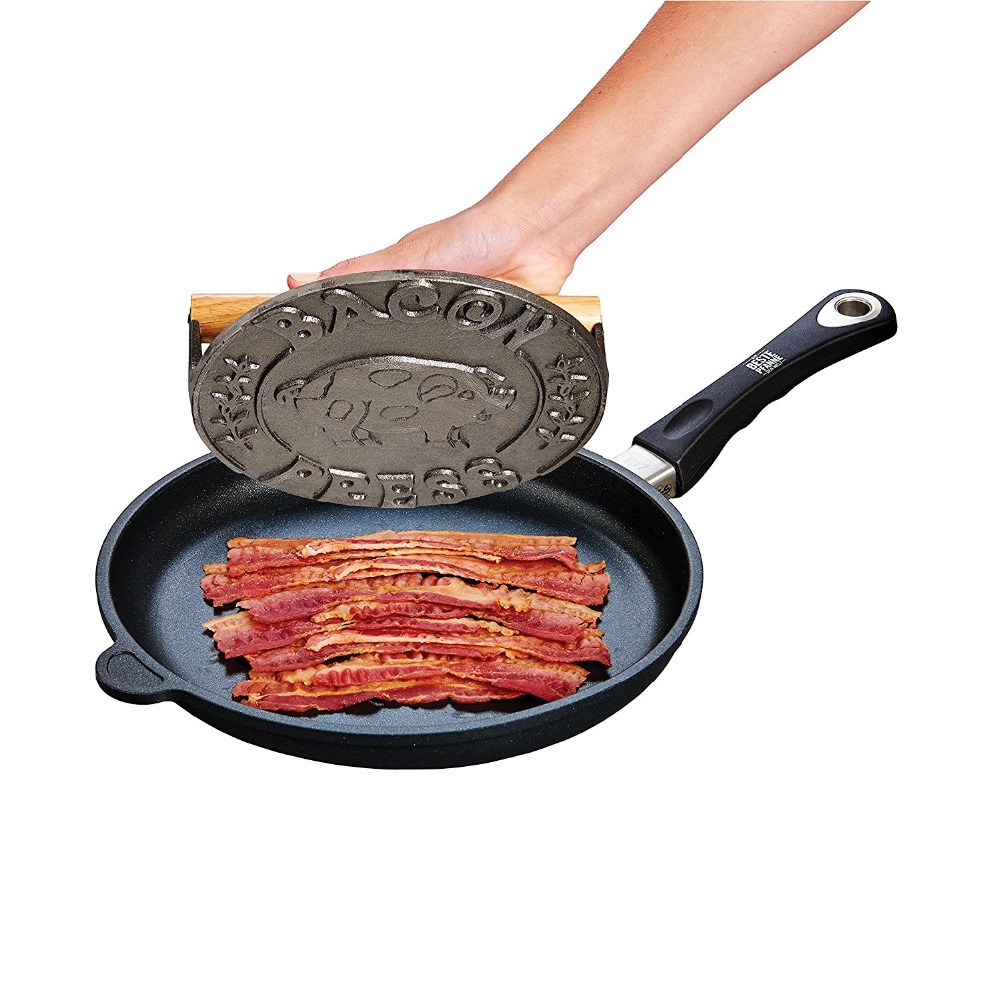 Bacon Press and Steak Weight, Heavyweight Cast Iron with Wooden Handle, For Grill Panini Burgers Bacon and Sausage