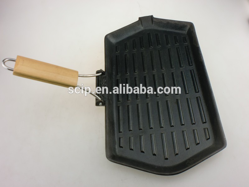 cast iron grill pan with folding handle,non-stick cast iron grill pan with wooden handle