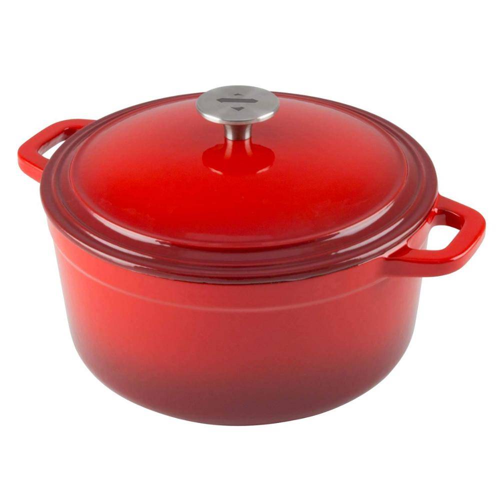 6 Quart Cast Iron Enamel Covered Dutch Oven Cooking Dish with Skillet Lid (Cayenne Red)