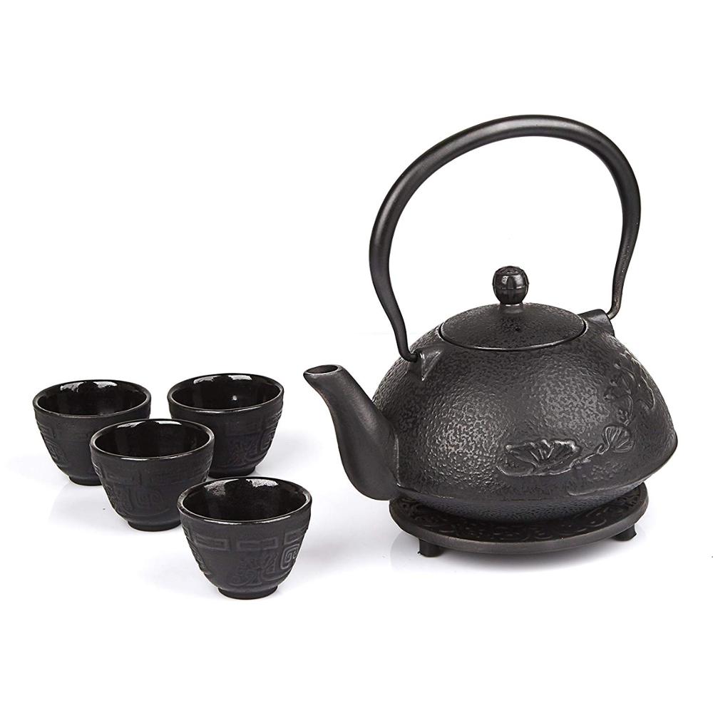 6 piece Japanese Cast Iron Pot Tea Set Black w/Trivet 1000ml