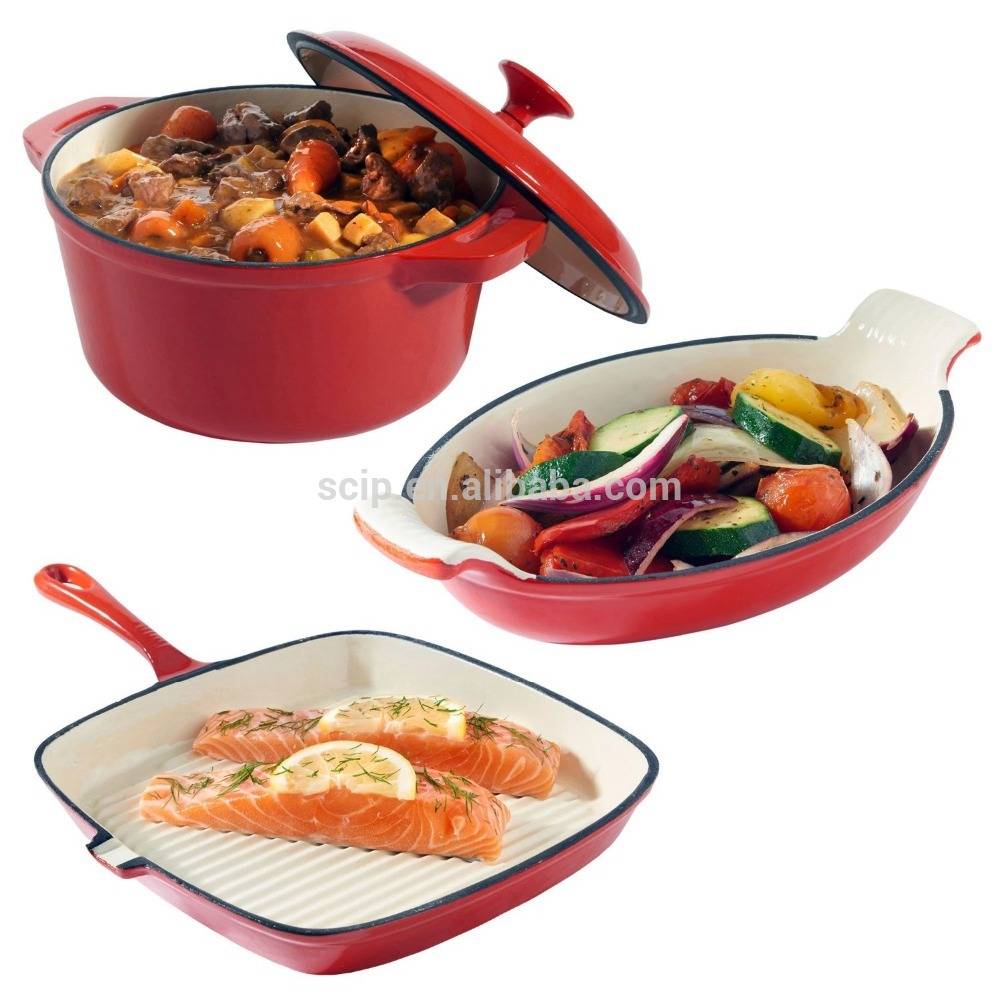 PriceList for Enameled Colored Cast Iron Cookware -
 Cast Iron Dishes Set of 3 Casserole, Gratin and Griddle Set Oven to Table Cookware – KASITE