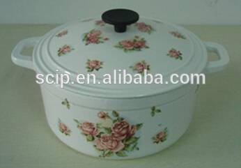 cast iron round cooking pot, enamel cookware casserole with applique, cast iron hot pot