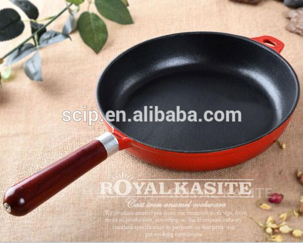 red enamel Cast Iron fry pan with wooden handle