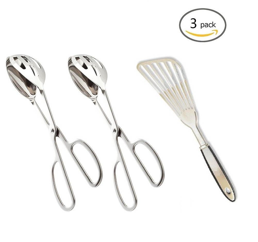 3-pack Premium 100% Stainless Steel Food Tongs Set & Fish Spatula – Thin-Edged Design Ideal For Turning & Flipping