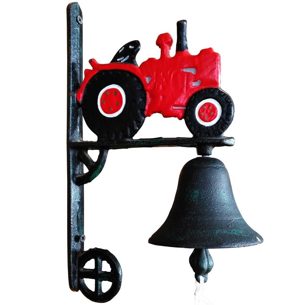 Garden farm hand-painted cast iron dinner bell, tractor pattern