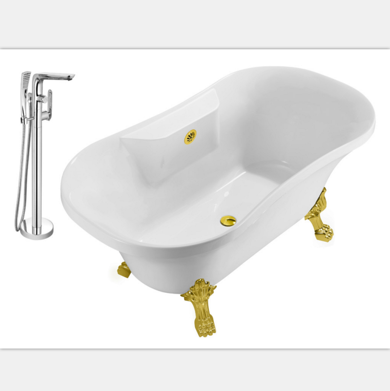 Clawfoot 60" Faucet and Tub Set Gold Drain