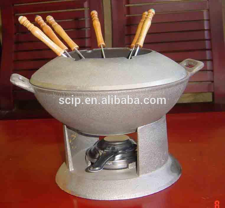 cast iron colour enamel fondue set, cheap chocolate cast iron fondue set.