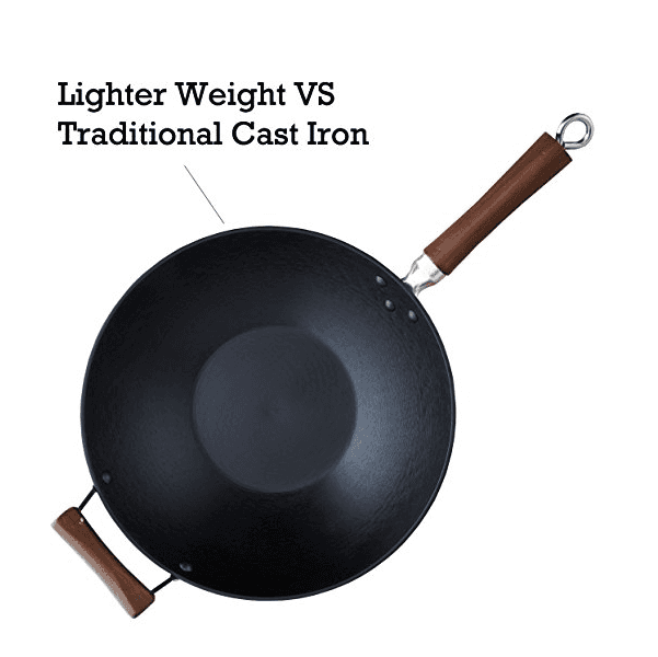 Light Cast Iron Wok with Wood Handles 14-Inch, Black