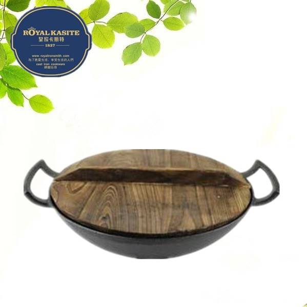 cast iron wok with wooden lid and big ears
