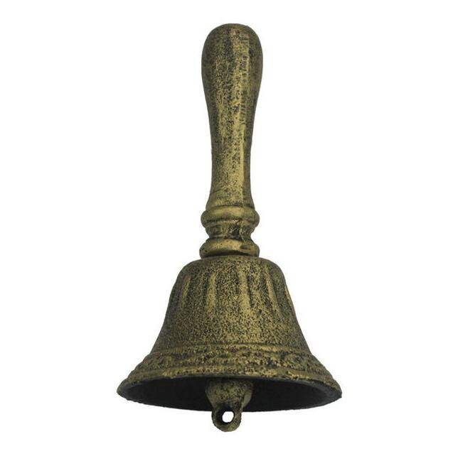 Rustic Gold Cast Iron Hand Bell 7'', Vintage Cast Iron Bell