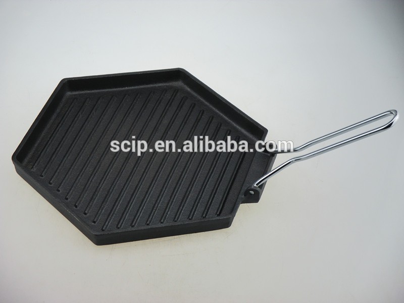 New design Hexagonal cast iron griddle pan with folding handle