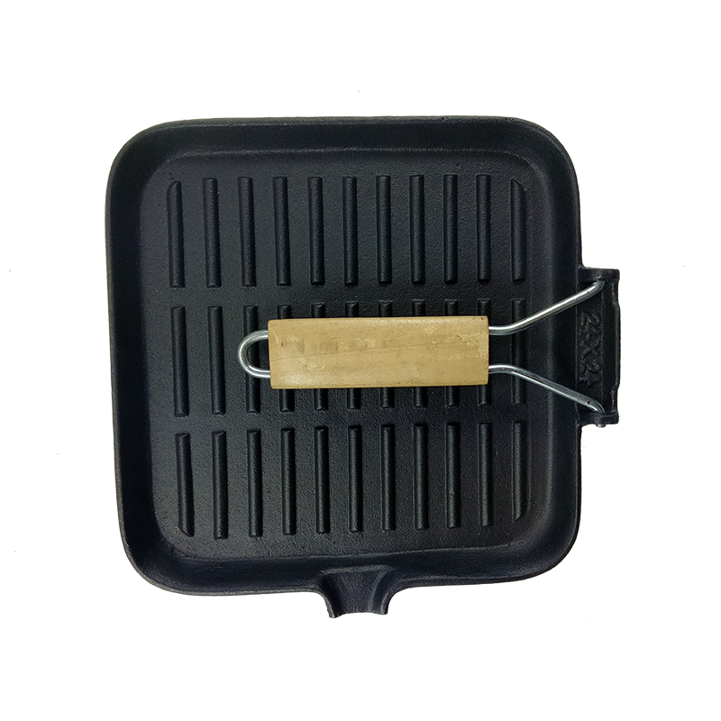 Square Cast Iron Grill Pan with folding wooden handle