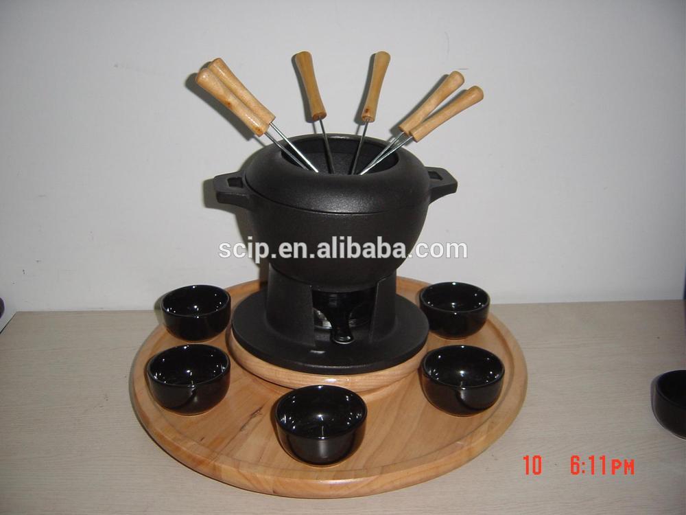 cast iron colour enamel fondue set, cheap chocolate cast iron fondue set.