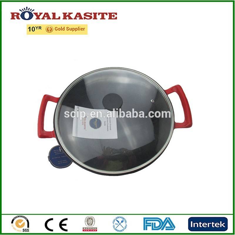 enamel cast iron wok, round iron burner woks, Chinese wok with glass lid