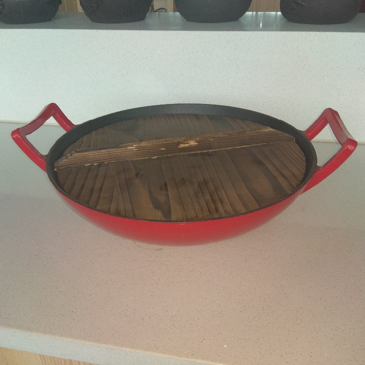 Chinese Red Enameled Cast Iron Frying Stainless Steel Wok