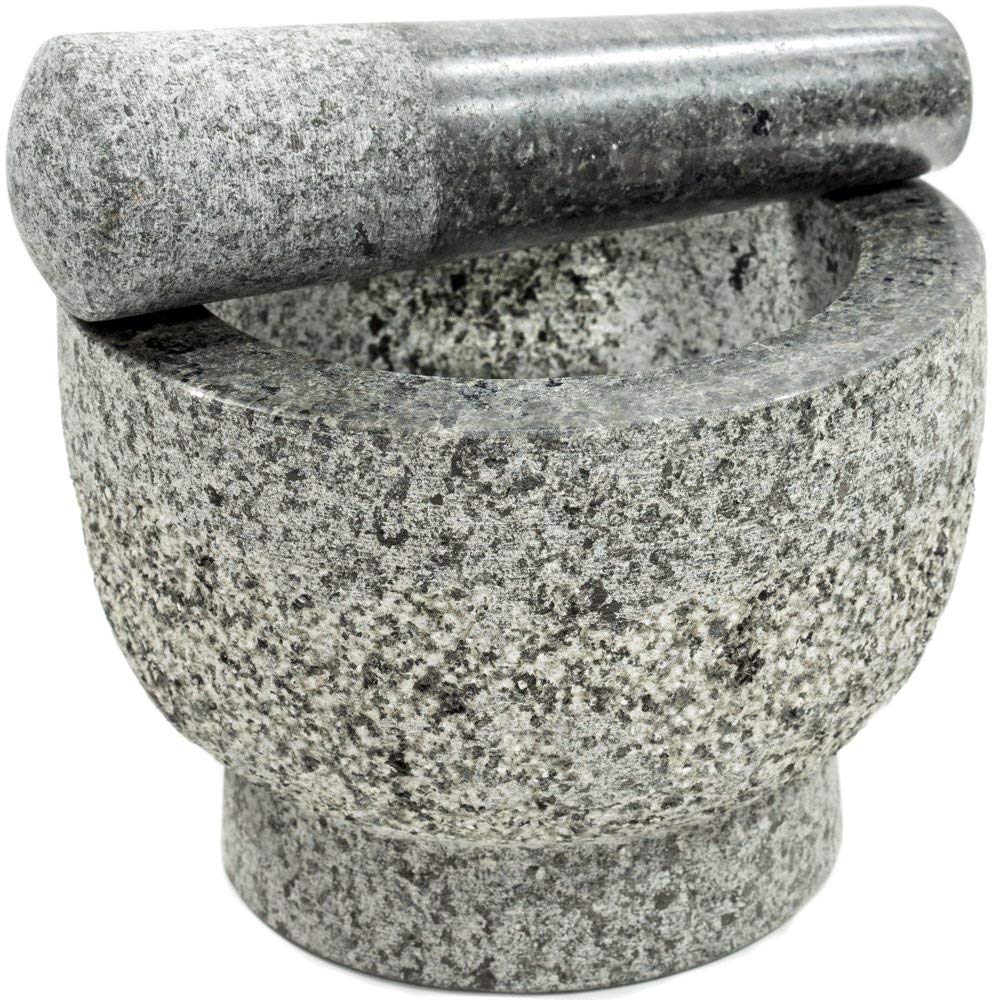 Mortar and Pestle Set In Solid Unpolished Heavy Granite Stone