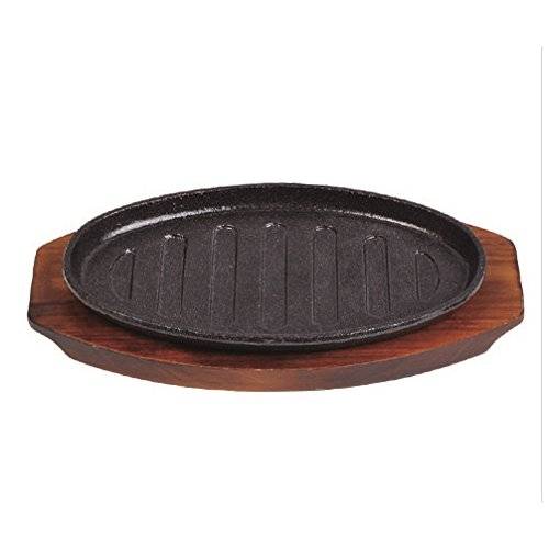 Cast Iron Steak Platter Size: 10"" x 9 1/2" (platter) 12"X 7/ 1/2" (wooden base) Wooden Base has 4 hole to hold iron platter