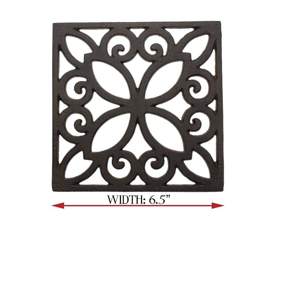 Decorative Cast Iron Trivet For Kitchen Or Dining Table -| Square with Vintage Pattern – 6.5 x 6.5 – With Rubber Pegs/Feet