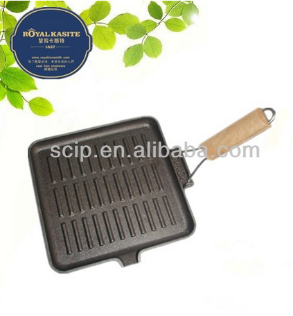 newest cheap cast iron square griddle pan with wooden handle