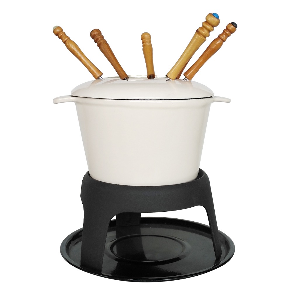 Enamel Cast Iron Cookware Chocolate Cheese Fondue Set With Mini Pot Mug Wooden Forks Cup Kitchen Camping Nonstick Cookware Sets