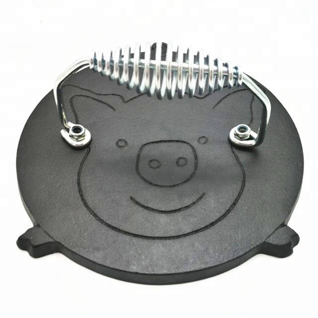 cast iron meat grill press with pig pattern on top face, Pre-seasoned