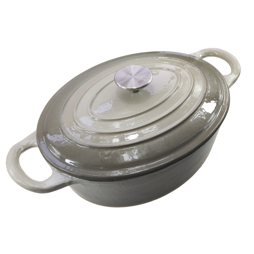 Silver OVAL shape cast iron enamel casserole with stainless steel knob