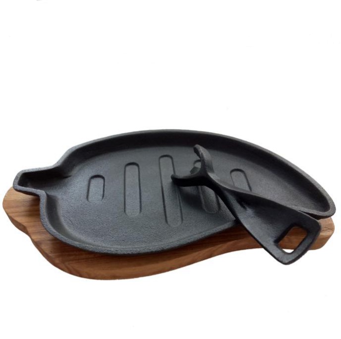 cast iron fajita leaf shape grill pan with wooden birch base, Pre-seasoned