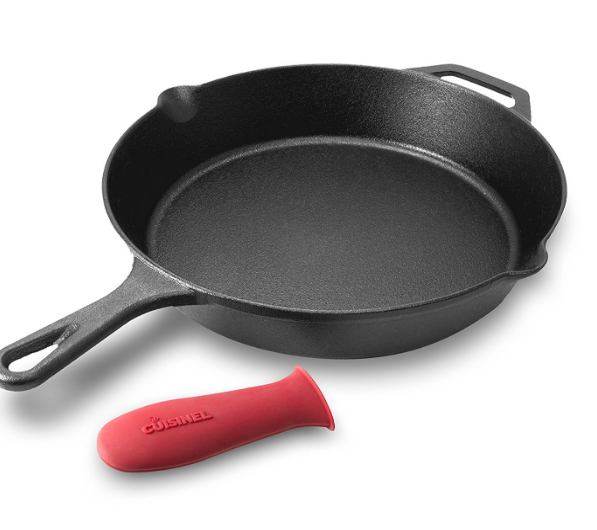 12 inch cast iron Skillet with Red Silicone Hot Handle Holder