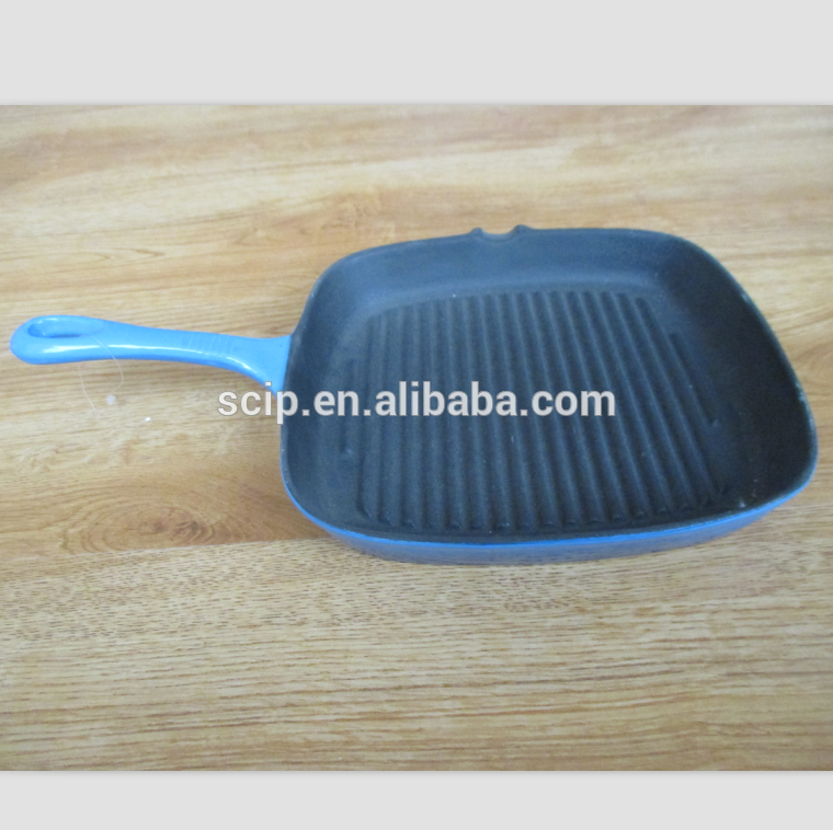 blue color outer Enamel Coated Cast Iron frying pan