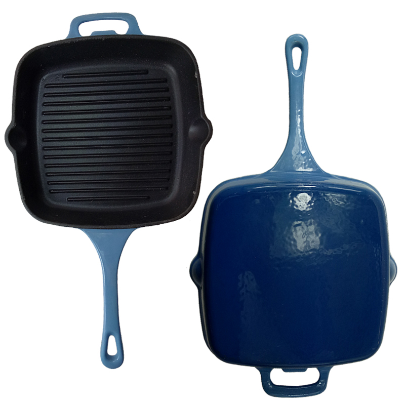 Blue Enameled Cast-Iron 10.5 Inch Square Skillet Grill Pan