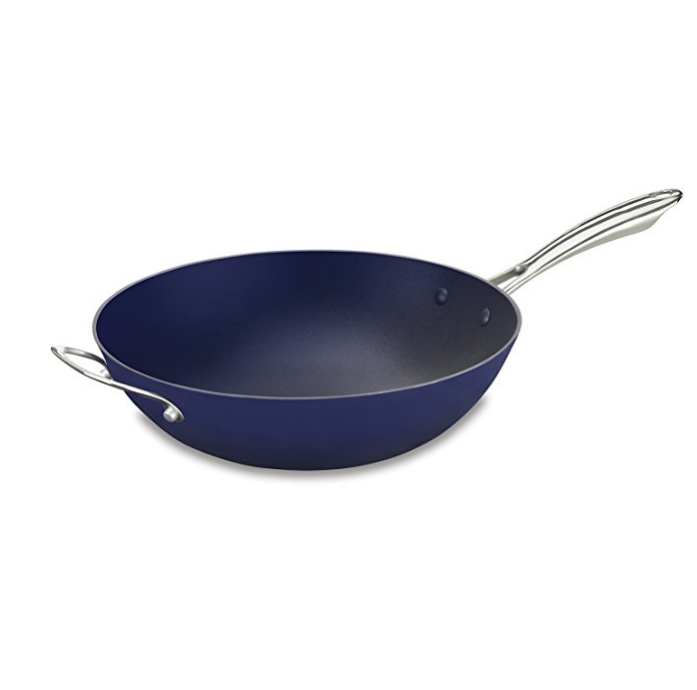 CastLite Non-Stick Cast Iron Open Stir Fry Pan with Helper, 5-Quart, Blue