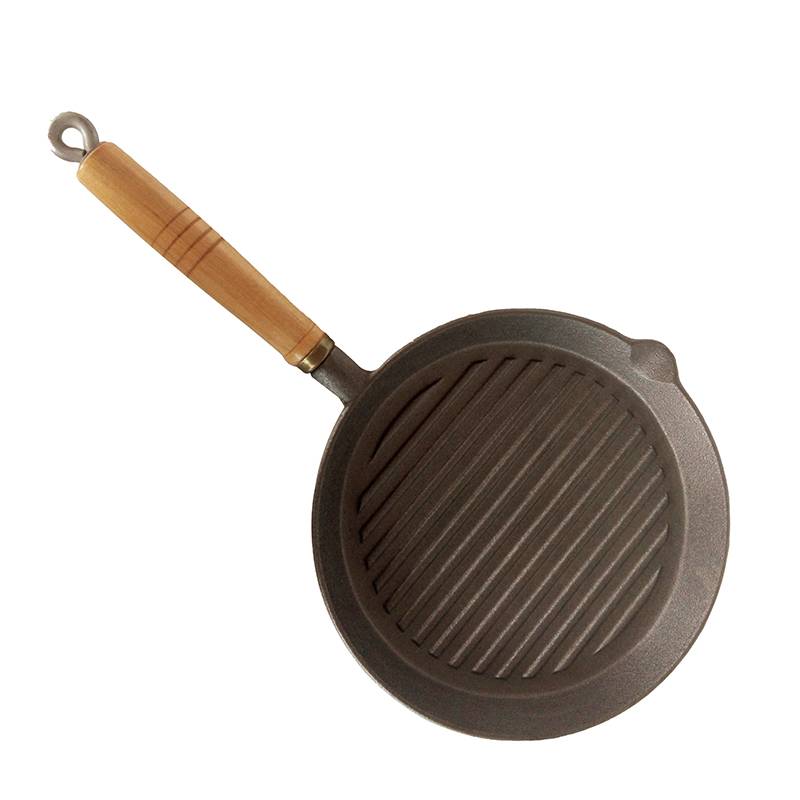 cast iron round bbq grill pan with wooden Handle