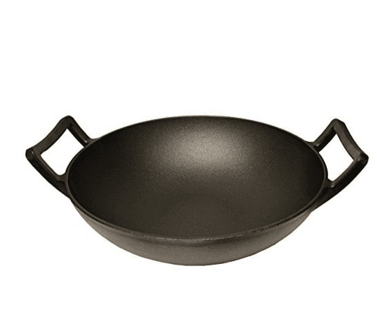 Cast Iron Wok with Wooden Lid 12" Diameter and Large Handle