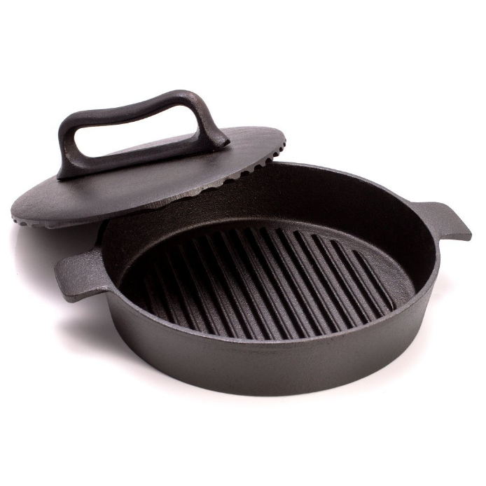 preseasoned cast ironTabaka Chicken pan with grill press cast iron skillet