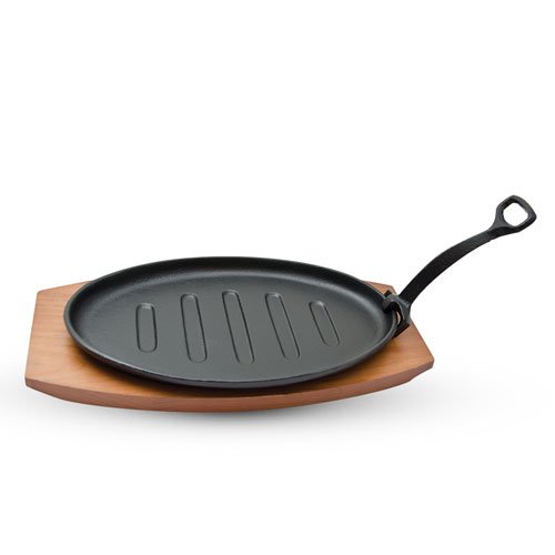 CAST IRON STEAK PLATE WITH WOODEN BASE