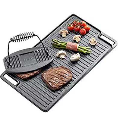Pre-Seasoned Cast Iron Reversible Griddle Plate & Meat / Bacon Press18 x 10 Inches