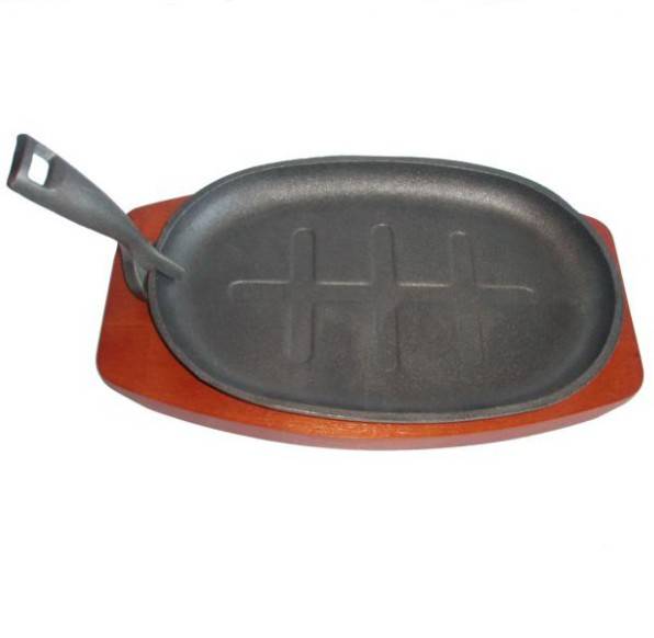 13 years wholesaler cast iron fajita grill pan with wooden birch tray, Pre-seasoned