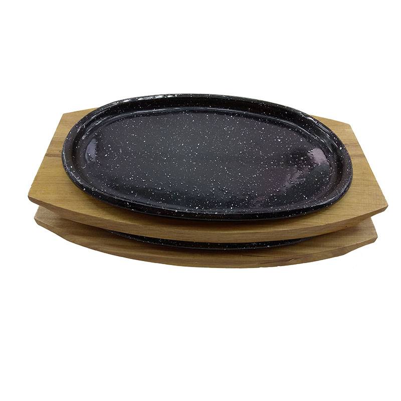 Preseasoned Oval Cast Iron Sizzling Hot Plate With Wooden Tray