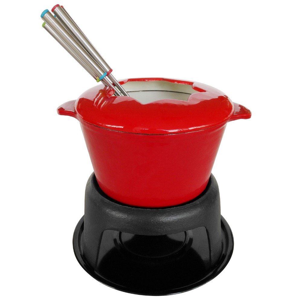 Enamel Cast Iron Cookware Chocolate Cheese Fondue Set With Mini Pot Mug Wooden Forks Cup Kitchen Camping Nonstick Cookware Sets