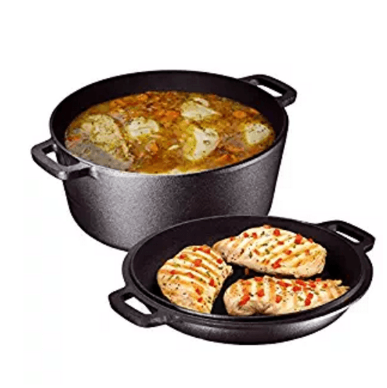 Heavy Duty Pre-Seasoned 2 In 1 Cast Iron Double Dutch Oven and Domed Skillet Lid