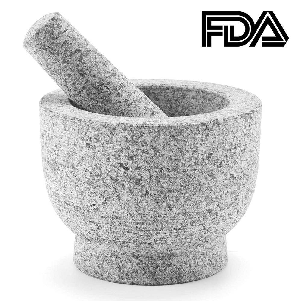 Mortar and Pestle Set for Guacamole Spice Herbs, Unpolished Granite Food Grinder, Non Porous, Dishwasher Safe, 6 Inch, 2 Cup-Cap