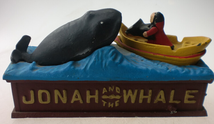 antique hot sale cast iron whale money bank