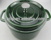 Green cast iron casserole pot with short handle