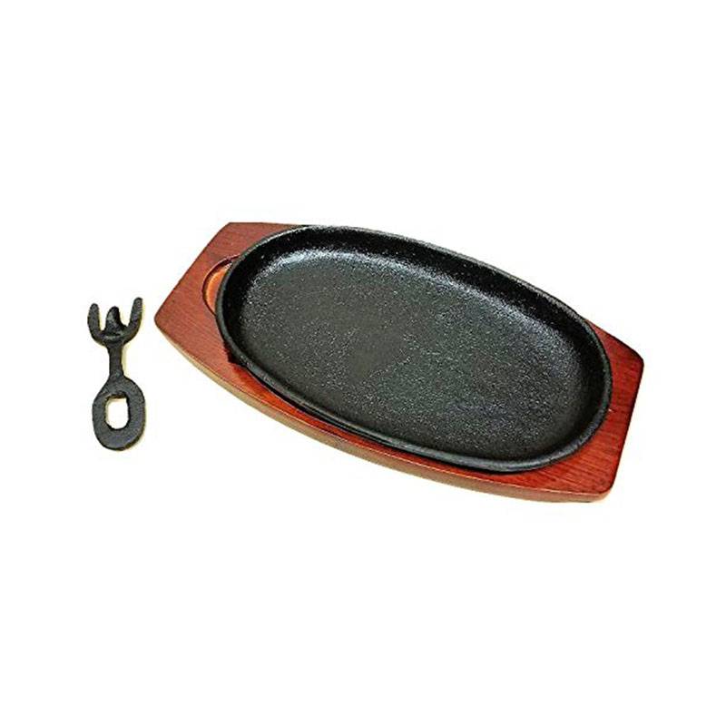 Cast Iron Steak or Fajita Plate with Wooden Holder and handle