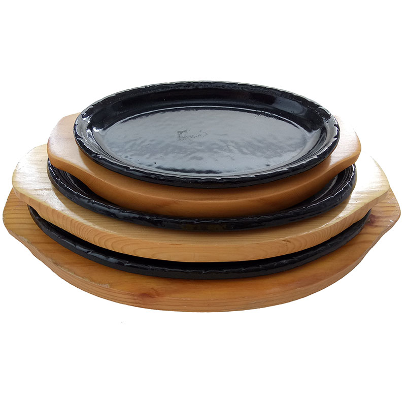 LFGB certification color enamel wooden base cast iron steak pan