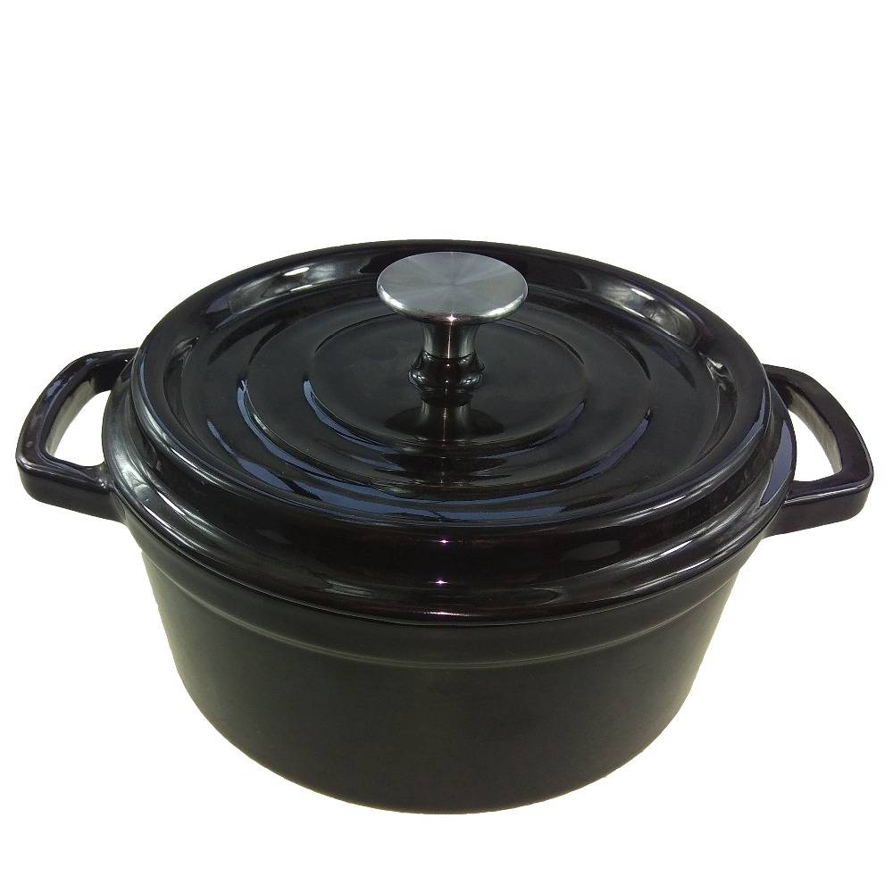 black round enamel cast iron skillet with cast iron lid