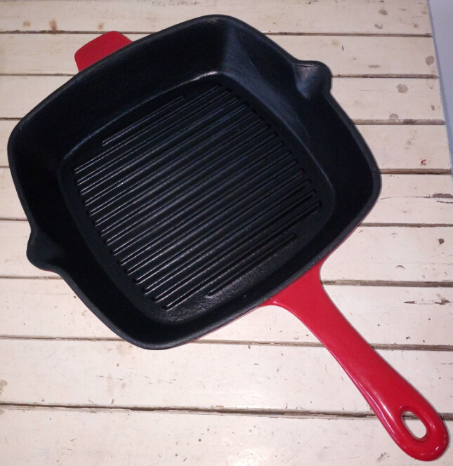 red enamel cast iron square grill pan