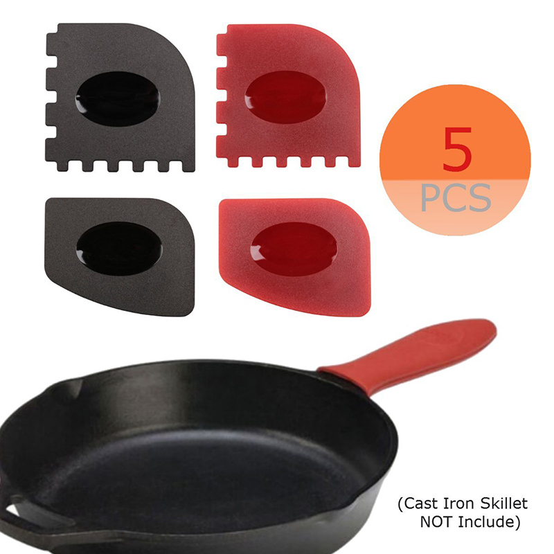 5-IN-1 Set, Medium-sized Silicone Hot Handle Holder + Durable Grill Pan Scrapers(2PCS) + Durable Pan Scrapers (2PCS